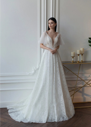 Short Sleeves Ivory Sparkly Lace Tulle Stunning Wedding Dress